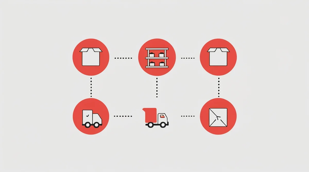 Інфографіка: 6 етапів фулфілменту — приймання, зберігання, комплектація, пакування, відправка, повернення